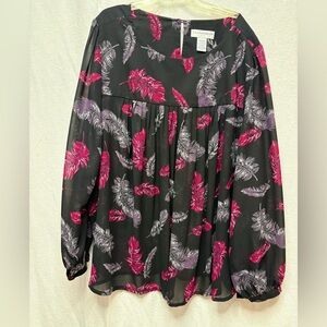 Sag Harbor Black Blouse with Pink & Purple Feather Print